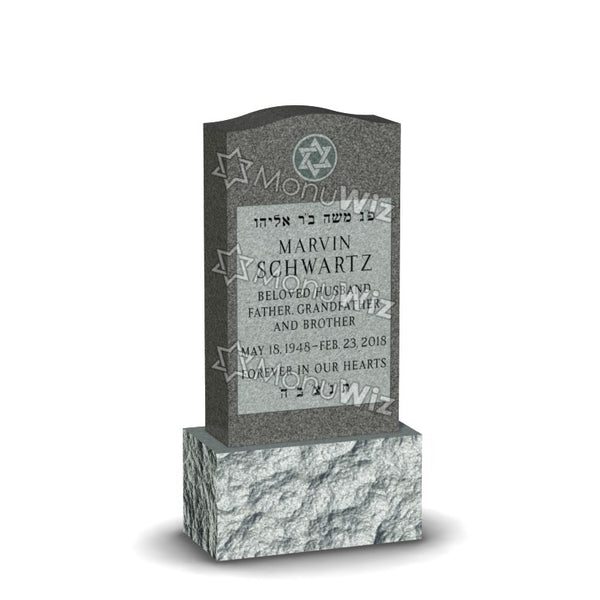 Single Jewish Headstone - Gray - Polished Front - Serpentine Top - 24W x 12D x 48H
